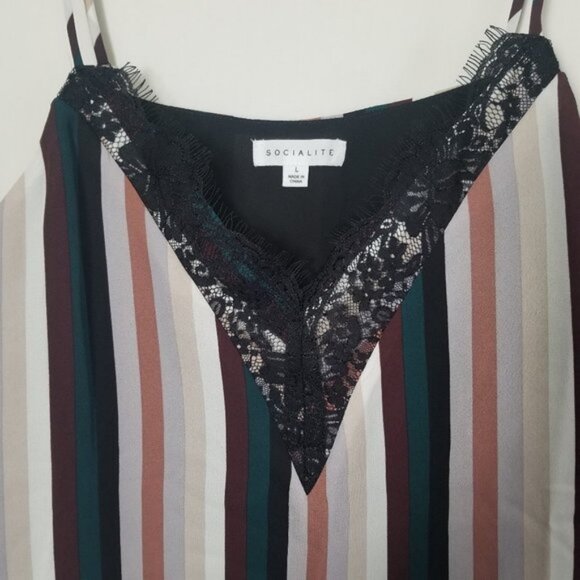Socialite Striped tank spaghetti top with lace trim size Large (126) - Picture 3 of 5